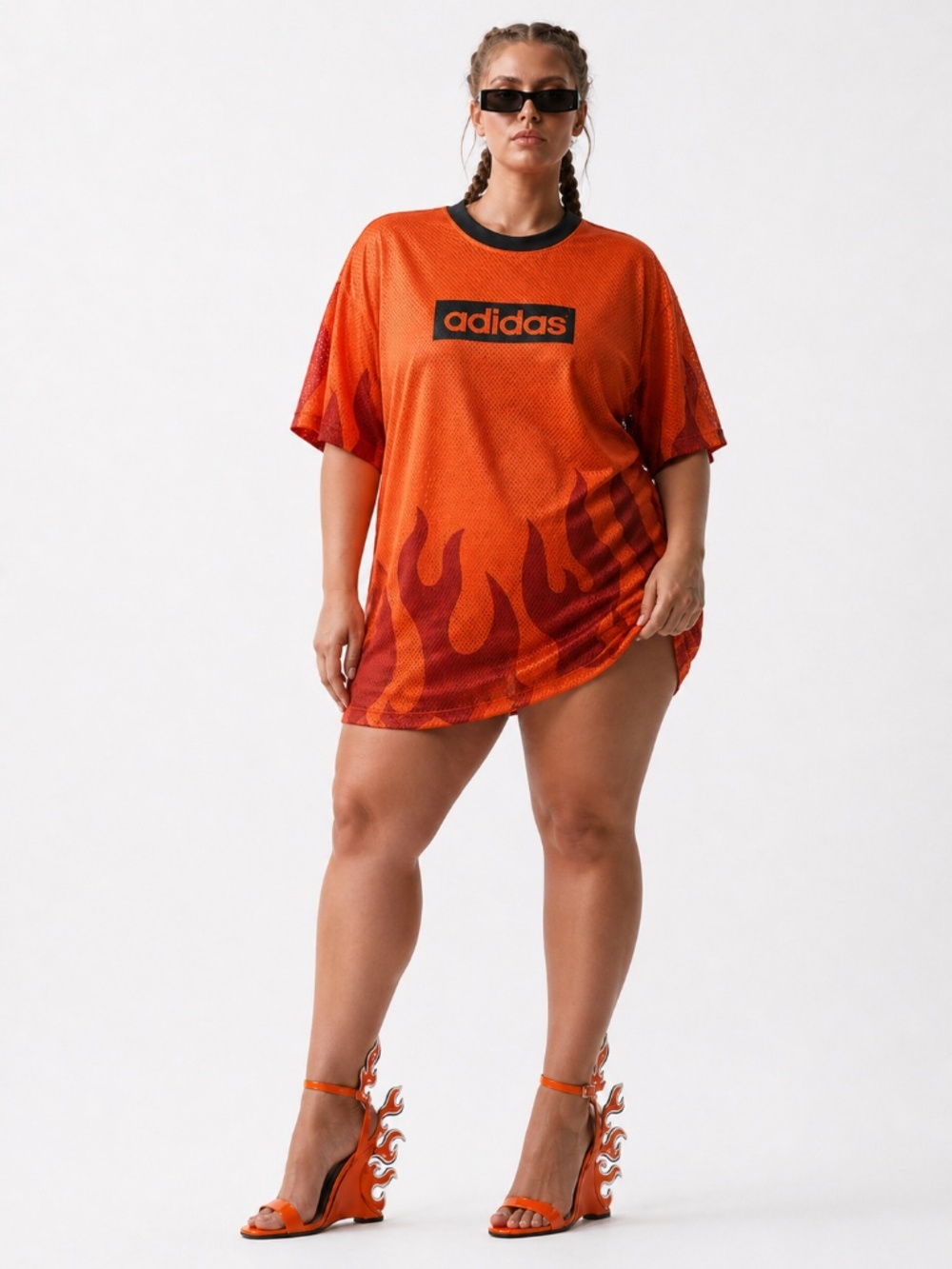 adidas Originals XL Orange Flames Mesh Jersey Mini Dress JX7601 Oversized
